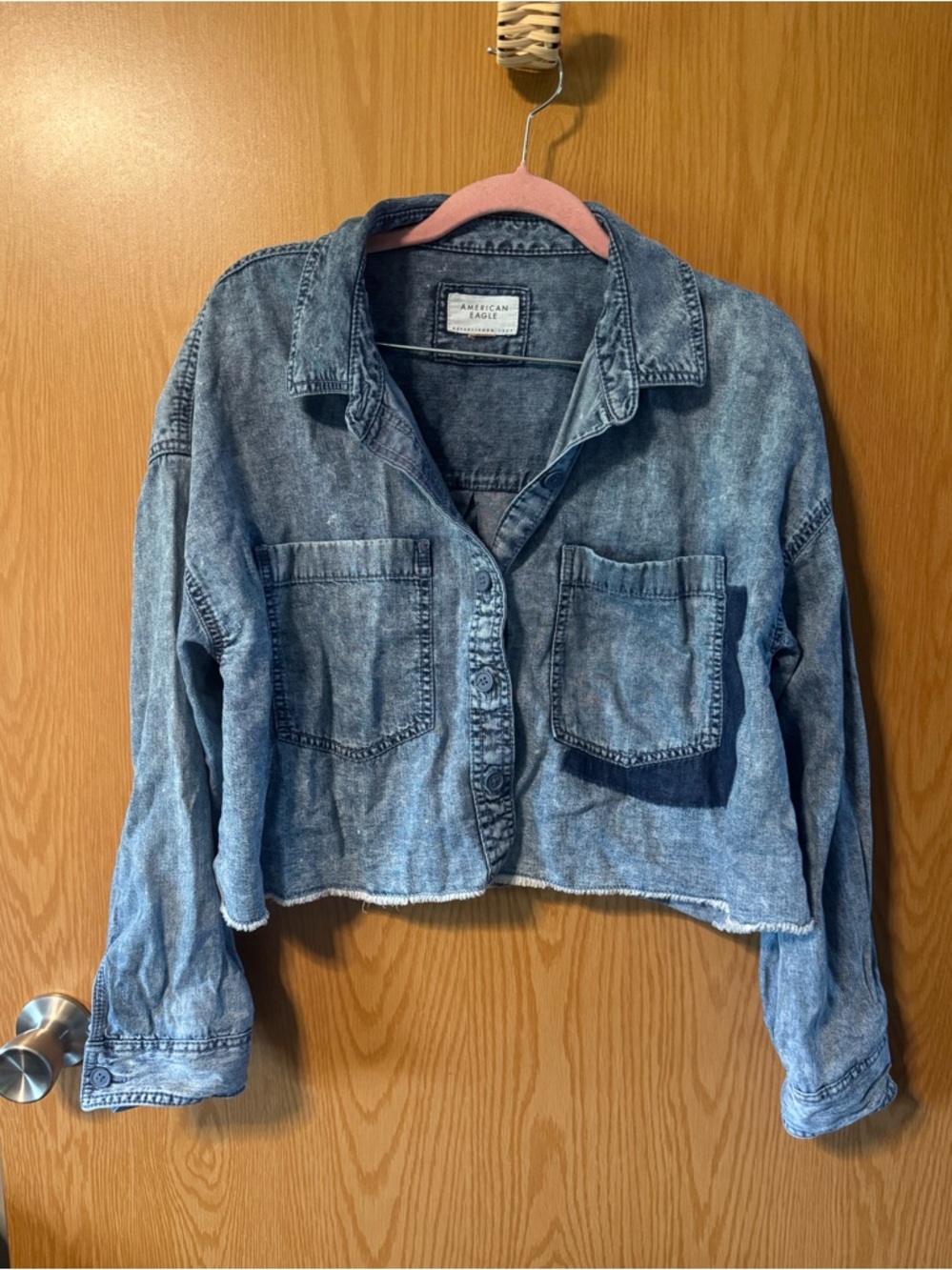 American Eagle Outfitters Light Blue Cropped Denim Flannel